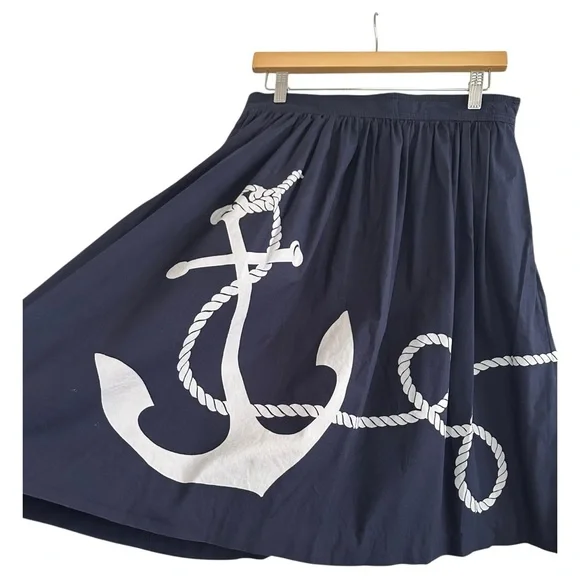 J. Crew Nautical The Cotton Anchor Skirt Navy Blue Midi A-Line Skirt Size 6 - Picture 4 of 8